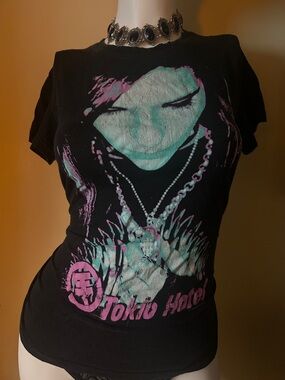 Black Graphic Tee in Black with Mint & Pink Print